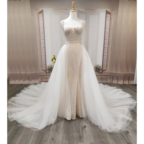 Mermaid - Heavy Beaded and Sequined Wedding Dress with Detachable Tulle Overskirt - LV-M3002OS