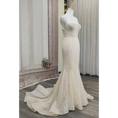 Mermaid - Heavy Beaded and Sequined Wedding Dress with Detachable Tulle Overskirt - LV-M3002OS