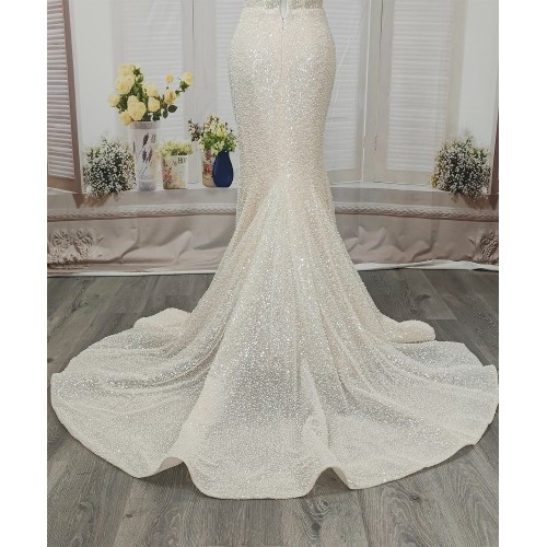 Mermaid - Heavy Beaded and Sequined Wedding Dress with Detachable Tulle Overskirt - LV-M3002OS