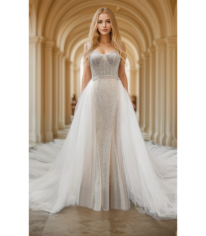 Mermaid - Heavy Beaded and Sequined Wedding Dress with Detachable Tulle Overskirt - LV-M3002OS