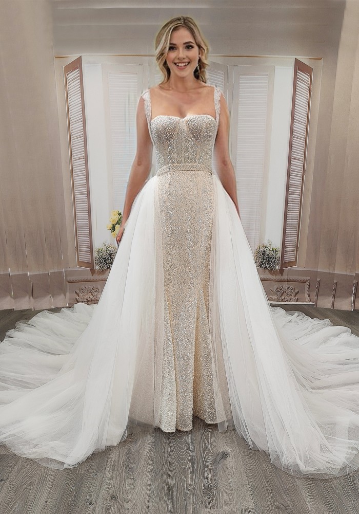 Mermaid - Heavy Beaded and Sequined Wedding Dress with Detachable Tulle Overskirt - LV-M3002OS