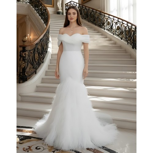 Wedding Dress - Beaded and Sequined Tulle Mermaid with Feather Skirt-  LV-M5002F