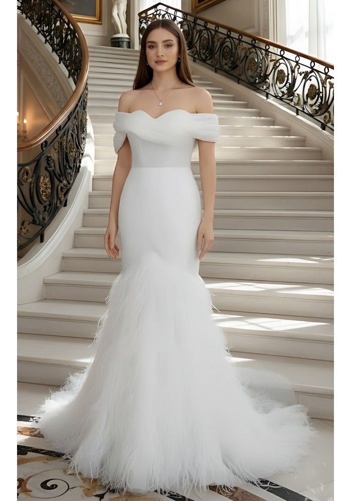 Wedding Dress - Beaded and Sequined Tulle Mermaid with Feather Skirt-  LV-M5002F