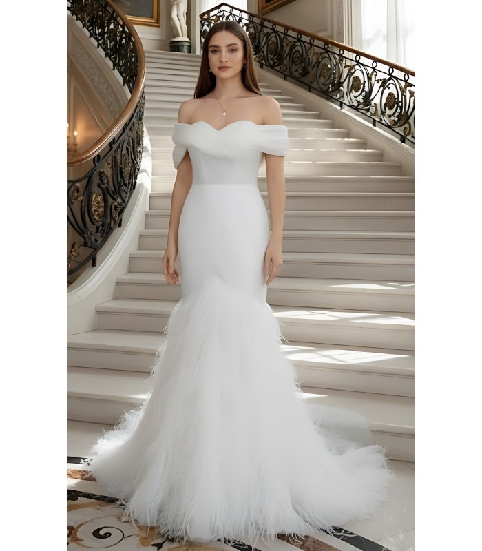 Wedding Dress - Beaded and Sequined Tulle Mermaid with Feather Skirt-  LV-M5002F