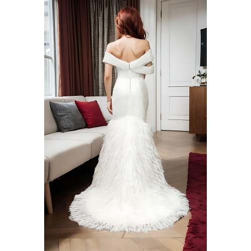 Wedding Dress - Beaded and Sequined Tulle Mermaid with Feather Skirt-  LV-M5002F