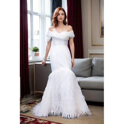 Wedding Dress - Beaded and Sequined Tulle Mermaid with Feather Skirt-  LV-M5002F