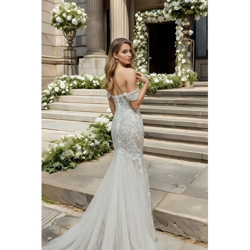 Wedding Dress - Beaded and Sequined Floral Lace Appliqued Tulle Off-Shoulder  Mermaid with 3 Layered Skirt and Train - LV-M5003