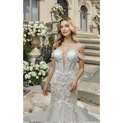 Wedding Dress - Beaded and Sequined Floral Lace Appliqued Tulle Off-Shoulder  Mermaid with 3 Layered Skirt and Train - LV-M5003