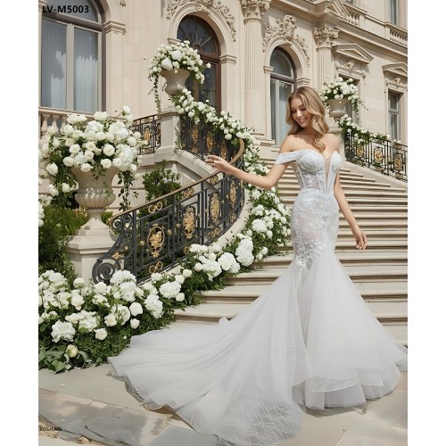 Wedding Dress - Beaded and Sequined Floral Lace Appliqued Tulle Off-Shoulder  Mermaid with 3 Layered Skirt and Train - LV-M5003