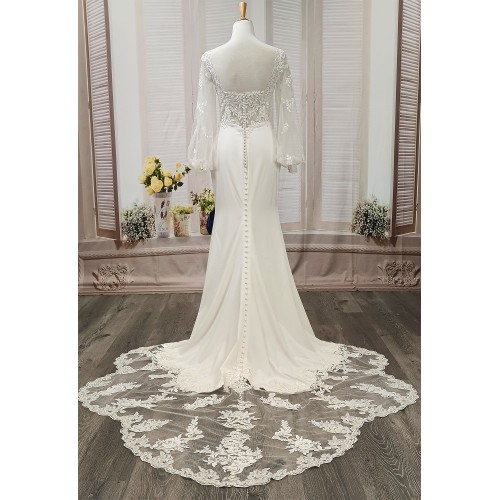 Fitted and Flare - Crepe Bishop Sheer Lacy Long-Sleeve Wedding Dress - LV-M6001NB