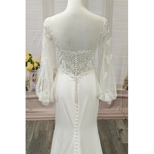 Fitted and Flare - Crepe Bishop Sheer Lacy Long-Sleeve Wedding Dress - LV-M6001NB