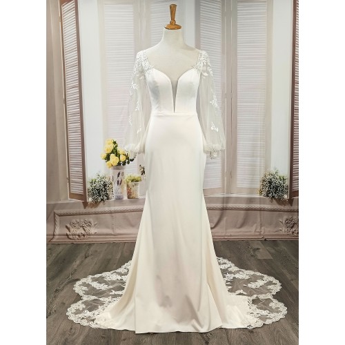 Fitted and Flare - Crepe Bishop Sheer Lacy Long-Sleeve Wedding Dress - LV-M6001NB