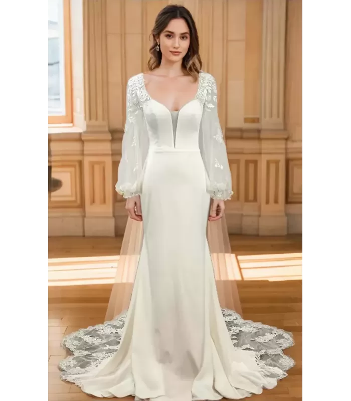 Fitted and Flare - Crepe Bishop Sheer Lacy Long-Sleeve Wedding Dress - LV-M6001NB