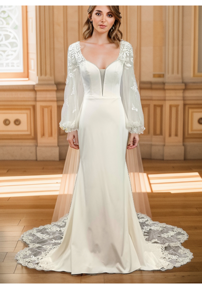 Fitted and Flare - Crepe Bishop Sheer Lacy Long-Sleeve Wedding Dress - LV-M6001NB