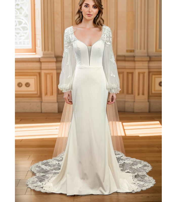 Fitted and Flare - Crepe Bishop Sheer Lacy Long-Sleeve Wedding Dress - LV-M6001NB