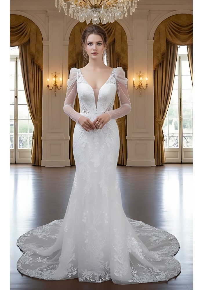 Fitted and Flair - Tulle Lace with Sheer Leg-of-Mutton Long-Sleeve Wedding Dress - LV-M6002-1A