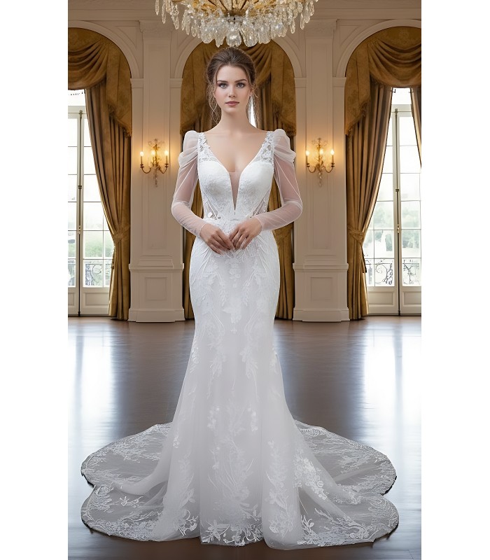 Fitted and Flair - Tulle Lace with Sheer Leg-of-Mutton Long-Sleeve Wedding Dress - LV-M6002-1A