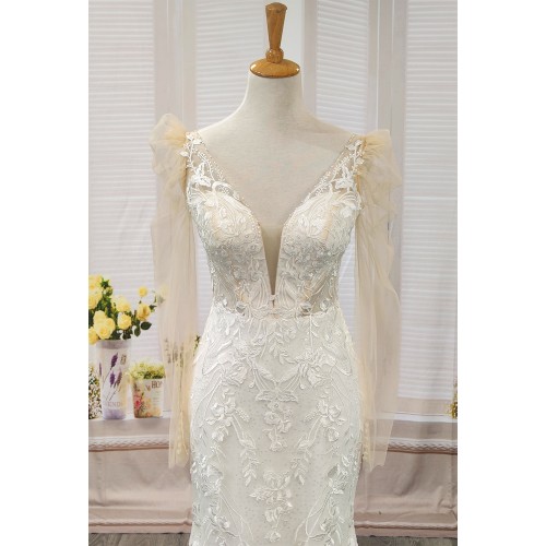 Fitted and Flair - Tulle Lace with Sheer Leg-of-Mutton Long-Sleeve Wedding Dress - LV-M6002-1A