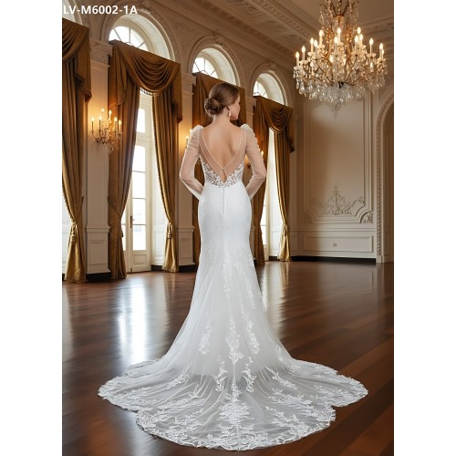 Fitted and Flair - Tulle Lace with Sheer Leg-of-Mutton Long-Sleeve Wedding Dress - LV-M6002-1A