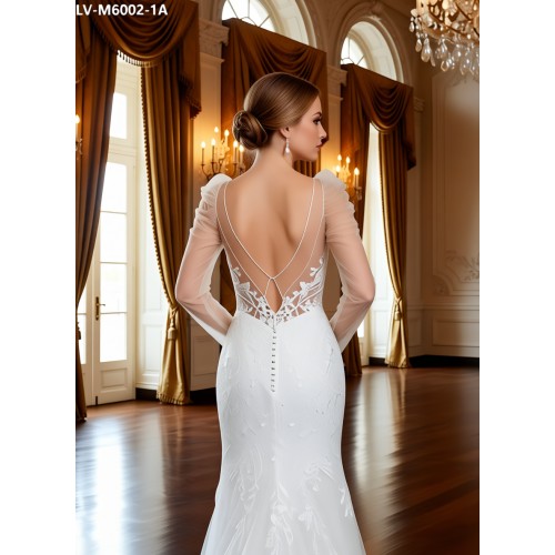 Fitted and Flair - Tulle Lace with Sheer Leg-of-Mutton Long-Sleeve Wedding Dress - LV-M6002-1A