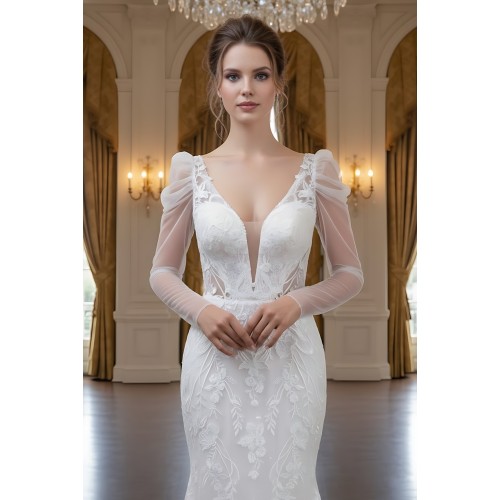 Fitted and Flair - Tulle Lace with Sheer Leg-of-Mutton Long-Sleeve Wedding Dress - LV-M6002-1A