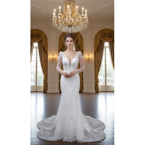 Fitted and Flair - Tulle Lace with Sheer Leg-of-Mutton Long-Sleeve Wedding Dress - LV-M6002-1A