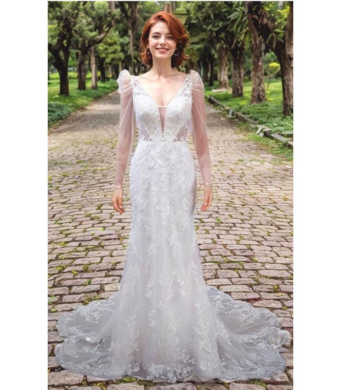 Fitted and Flair - Tulle Lace with Sheer Leg-of-Mutton Long-Sleeve Wedding Dress - LV-M6002-1A