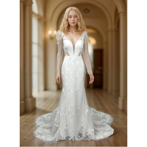 Fitted and Flair - Tulle Lace with Sheer Leg-of-Mutton Long-Sleeve Wedding Dress - LV-M6002-1A