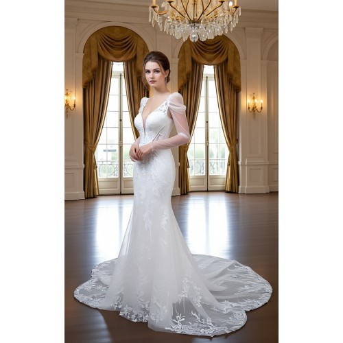 Fitted and Flair - Tulle Lace with Sheer Leg-of-Mutton Long-Sleeve Wedding Dress - LV-M6002-1A