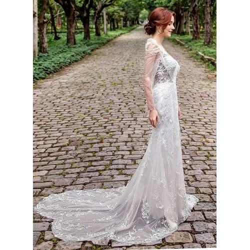 Fitted and Flair - Tulle Lace with Sheer Leg-of-Mutton Long-Sleeve Wedding Dress - LV-M6002-1A