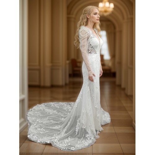 Fitted and Flair - Tulle Lace with Sheer Leg-of-Mutton Long-Sleeve Wedding Dress - LV-M6002-1A