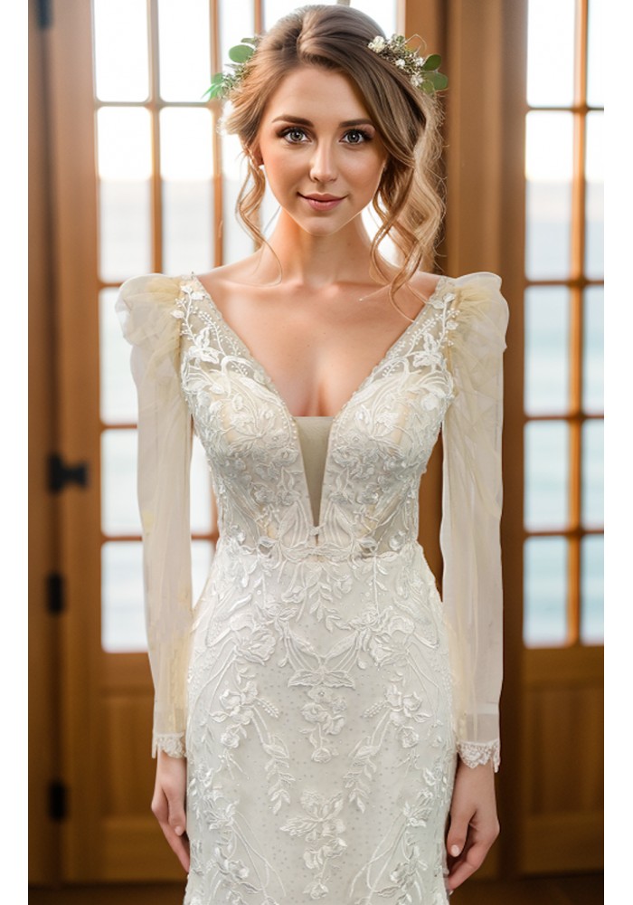 Fitted and Flair - Tulle Lace with Sheer Leg-of-Mutton Long-Sleeve Wedding Dress - LV-M6002-1A