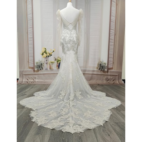 Mermaid - Lace Appliqued Tulle with Leg-of-Mutton Sleeves Wedding Dress - LV-M6002