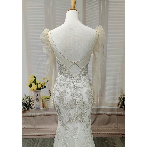 Mermaid - Lace Appliqued Tulle with Leg-of-Mutton Sleeves Wedding Dress - LV-M6002