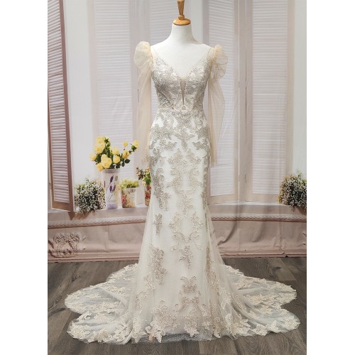 Mermaid - Lace Appliqued Tulle with Leg-of-Mutton Sleeves Wedding Dress - LV-M6002