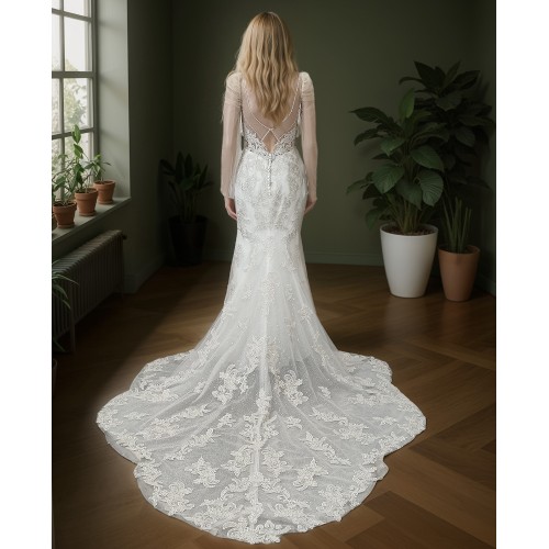 Mermaid - Lace Appliqued Tulle with Leg-of-Mutton Sleeves Wedding Dress - LV-M6002