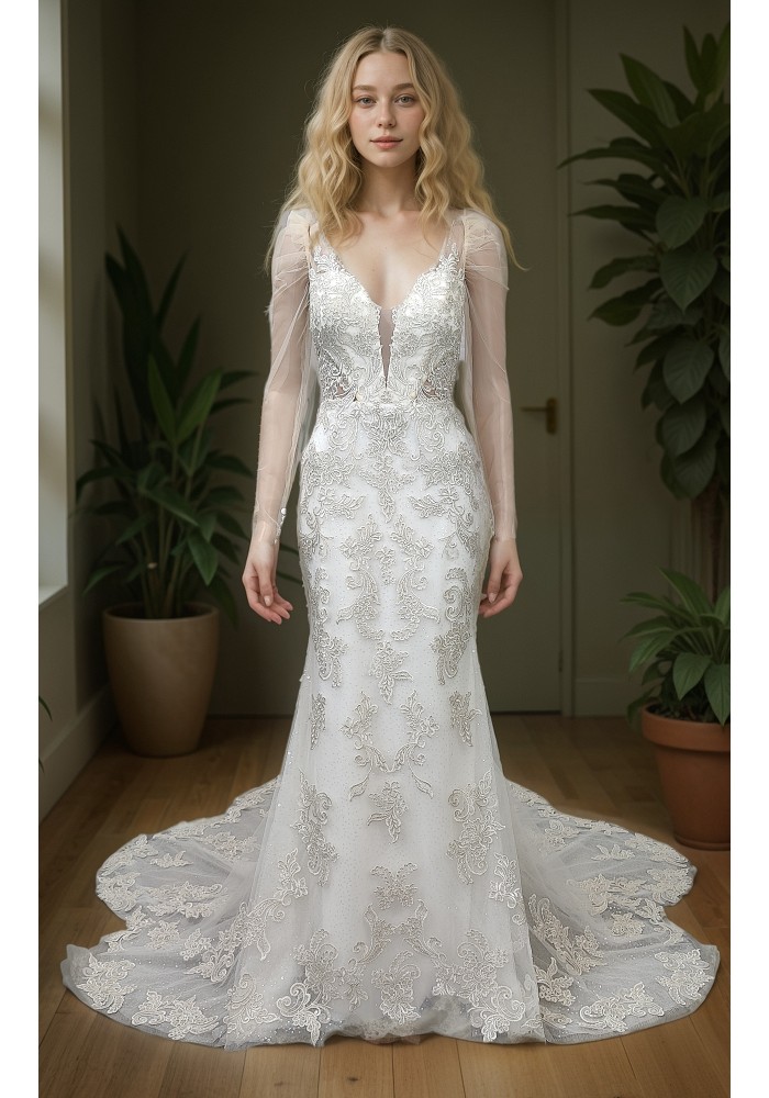 Mermaid - Lace Appliqued Tulle with Leg-of-Mutton Sleeves Wedding Dress - LV-M6002