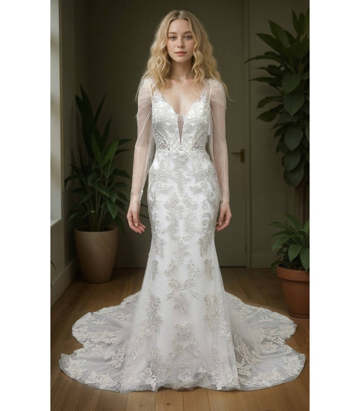 Mermaid - Lace Appliqued Tulle with Leg-of-Mutton Sleeves Wedding Dress - LV-M6002