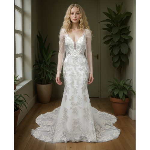 Mermaid - Lace Appliqued Tulle with Leg-of-Mutton Sleeves Wedding Dress - LV-M6002