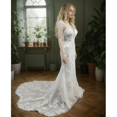 Mermaid - Lace Appliqued Tulle with Leg-of-Mutton Sleeves Wedding Dress - LV-M6002