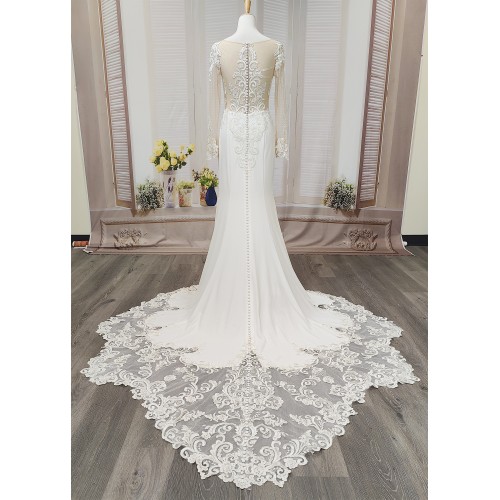 Fitted N Flare Crepe Wedding Dress with Lacy Cut-Out Train - LV-M6005