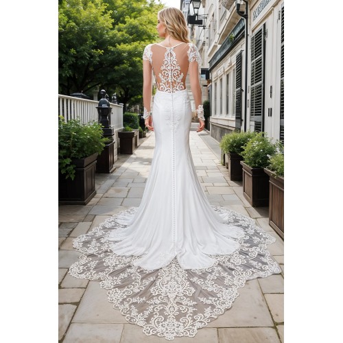 Fitted N Flare Crepe Wedding Dress with Lacy Cut-Out Train - LV-M6005