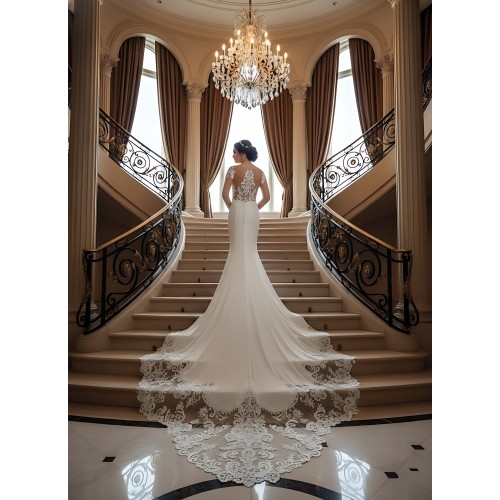 Fitted N Flare Crepe Wedding Dress with Lacy Cut-Out Train - LV-M6005