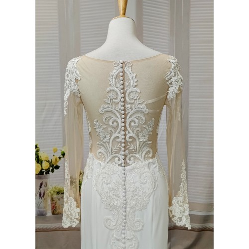 Fitted N Flare Crepe Wedding Dress with Lacy Cut-Out Train - LV-M6005