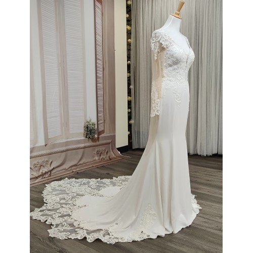 Fitted N Flare Crepe Wedding Dress with Lacy Cut-Out Train - LV-M6005