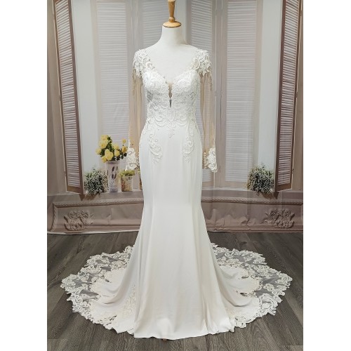 Fitted N Flare Crepe Wedding Dress with Lacy Cut-Out Train - LV-M6005