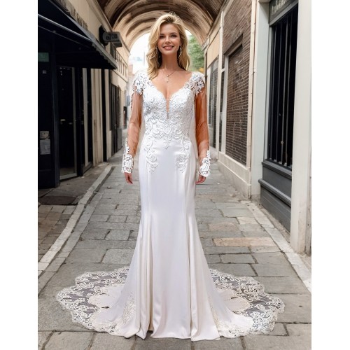 Fitted N Flare Crepe Wedding Dress with Lacy Cut-Out Train - LV-M6005