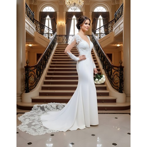 Fitted N Flare Crepe Wedding Dress with Lacy Cut-Out Train - LV-M6005