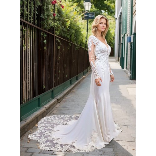 Fitted N Flare Crepe Wedding Dress with Lacy Cut-Out Train - LV-M6005