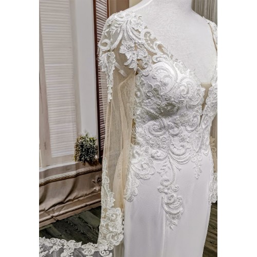 Fitted N Flare Crepe Wedding Dress with Lacy Cut-Out Train - LV-M6005